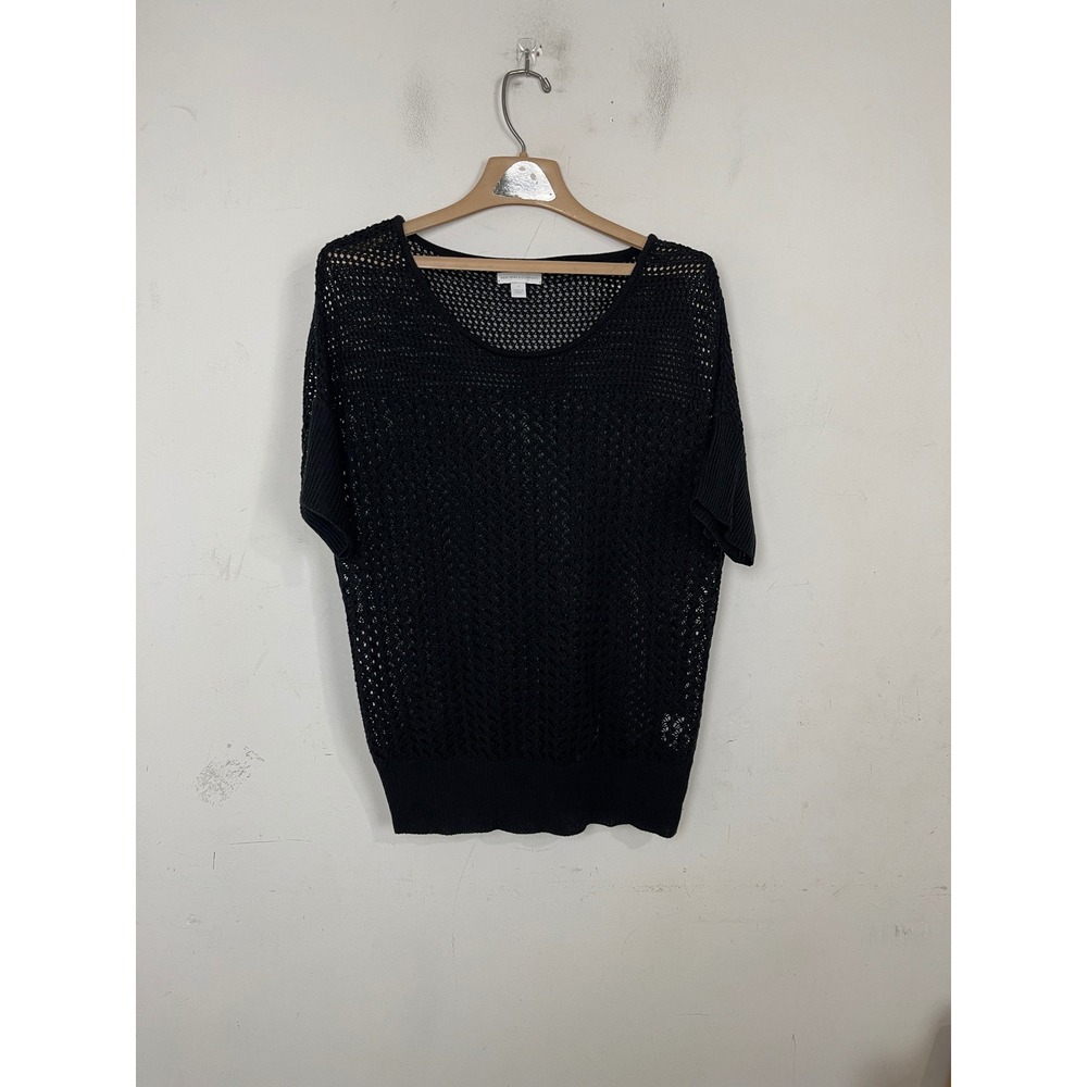 New York & Company Black Open Knit Crochet Mesh Sweater Top Short Sleeve Women M